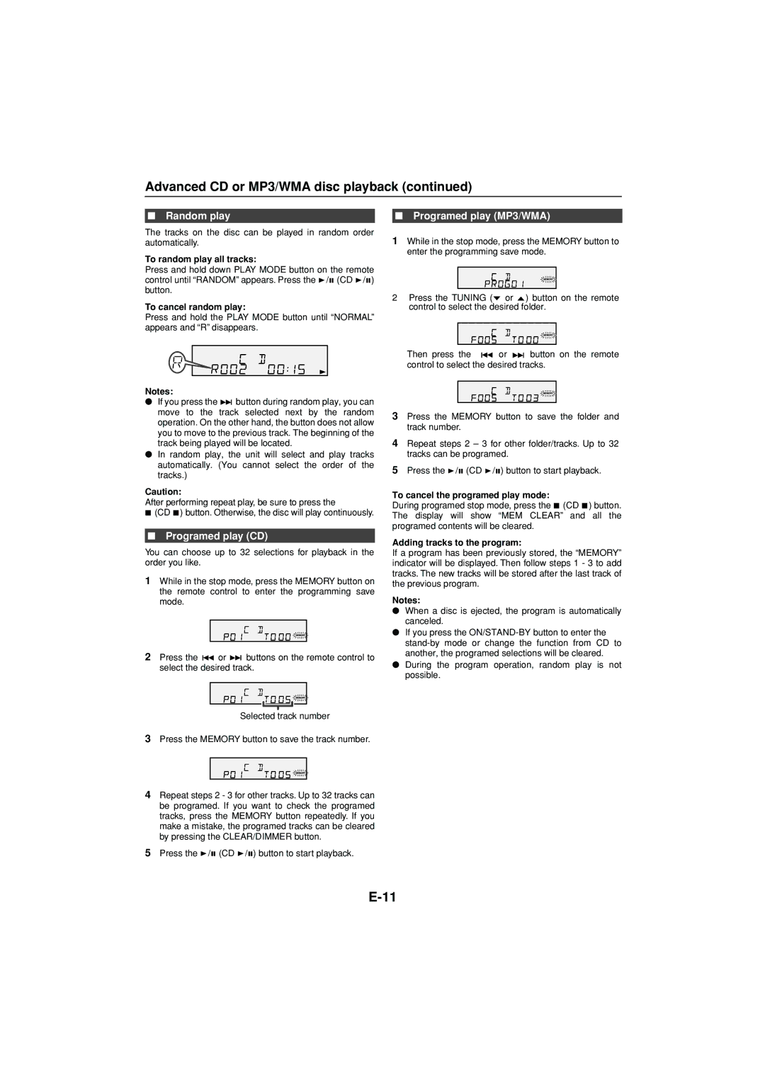 Sony CD-DH790N operation manual Random play, Programed play CD, Programed play MP3/WMA 