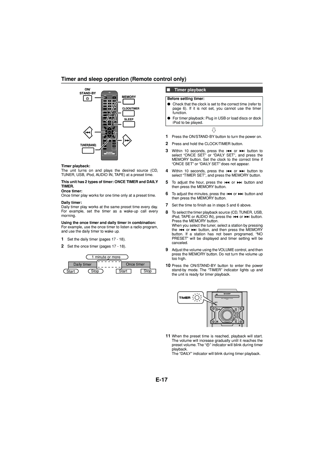 Sony CD-DH790N Timer and sleep operation Remote control only, Timer playback, Daily timer, Before setting timer 