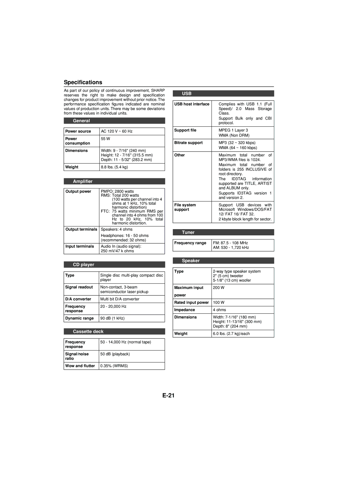 Sony CD-DH790N operation manual Specifications, Amplifier, Speaker 