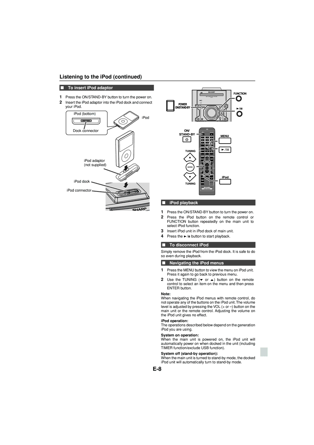 Sony CD-DH790N operation manual To insert iPod adaptor, IPod playback, To disconnect iPod, Navigating the iPod menus 