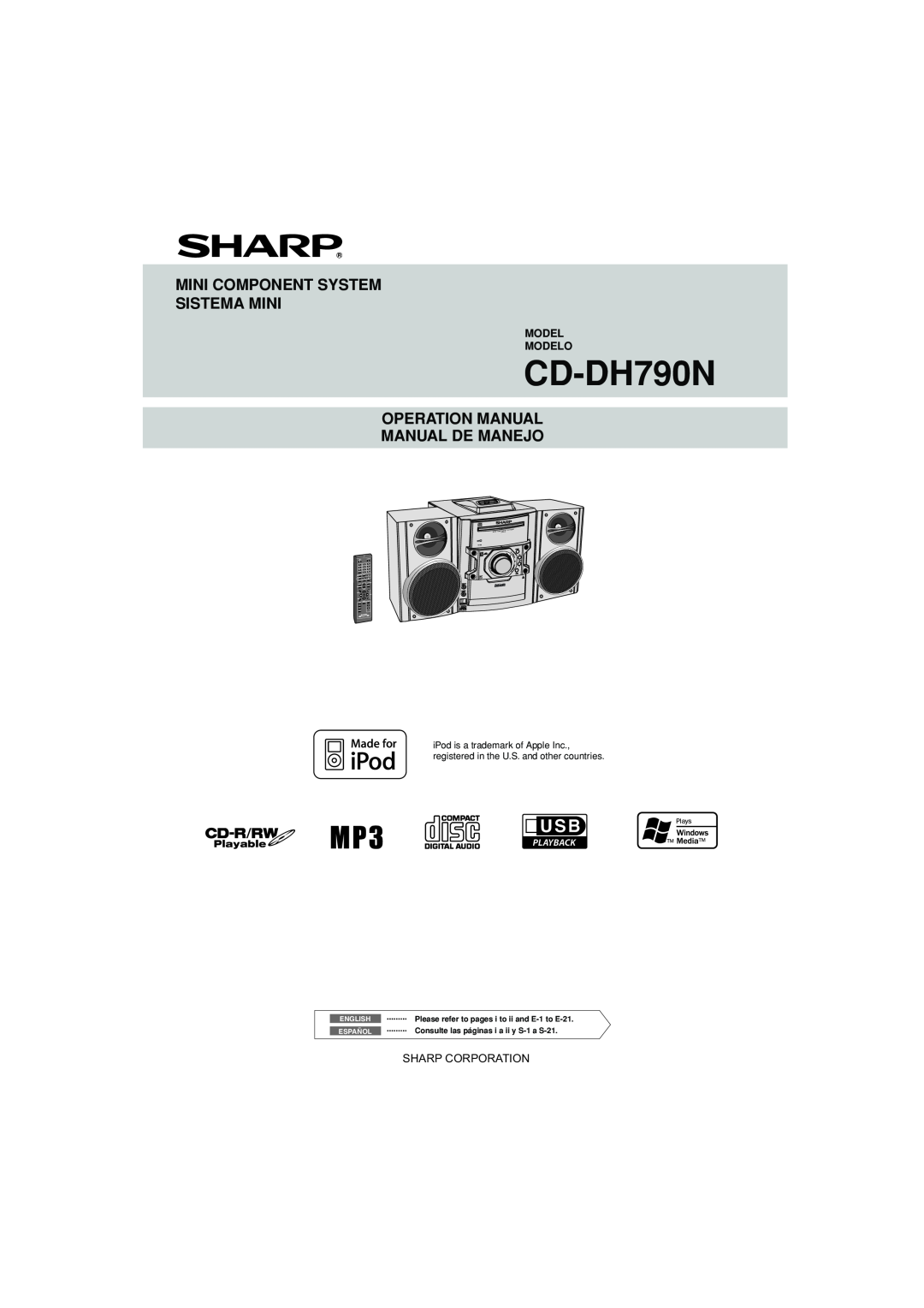 Sony CD-DH790N operation manual Mini Component System Sistema Mini, Operation Manual Manual De Manejo, Sharp Corporation 