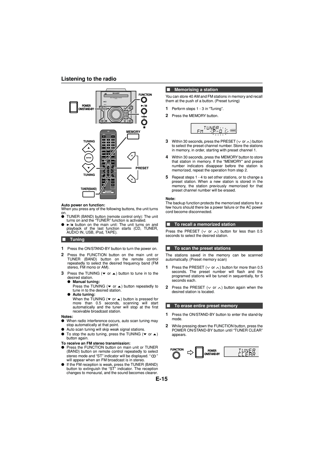Sony CD-DH790N operation manual E-15, Listening to the radio, Memorising a station, Tuning, To recall a memorized station 