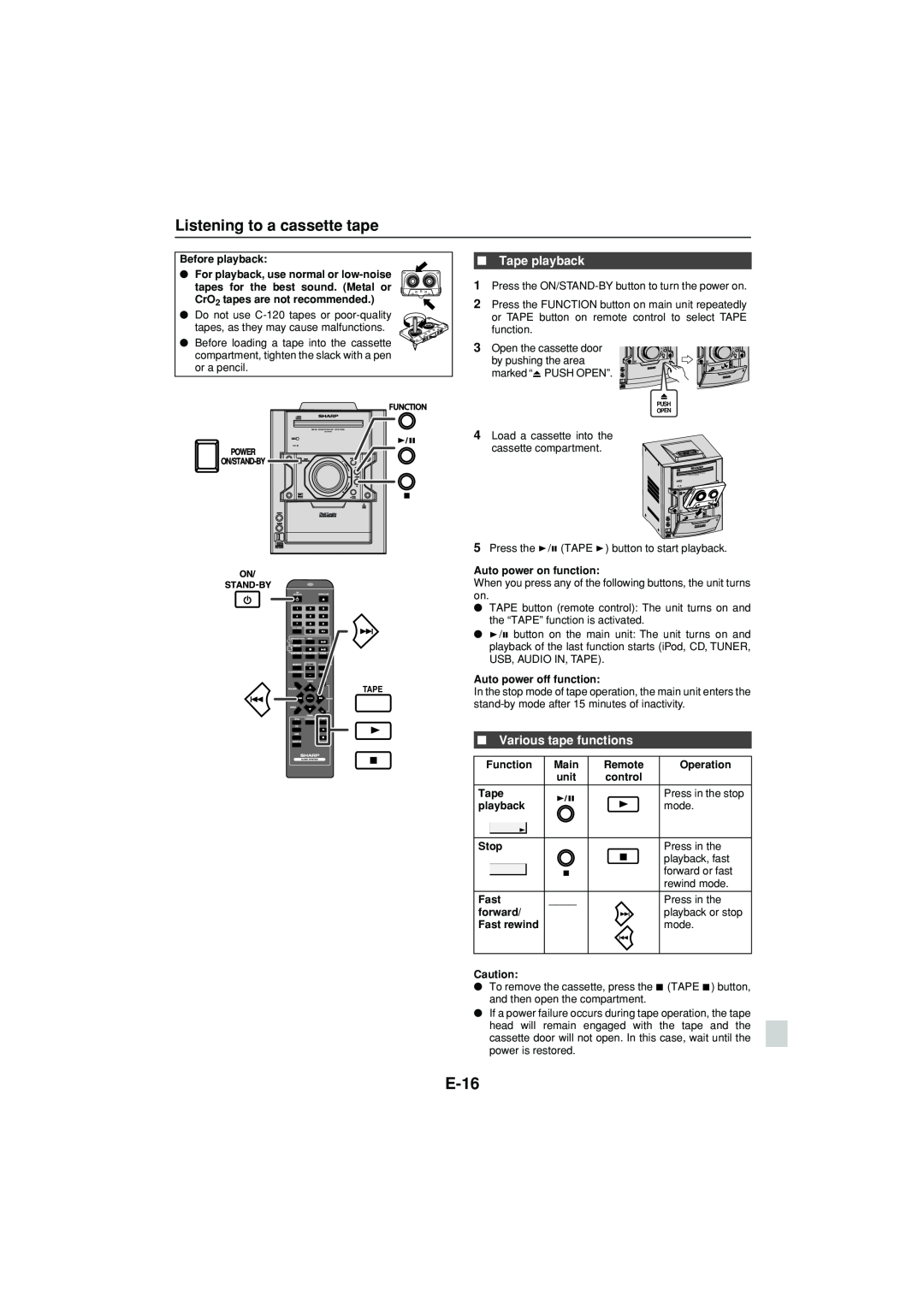 Sony CD-DH790N operation manual E-16, Listening to a cassette tape, Tape playback, Various tape functions 