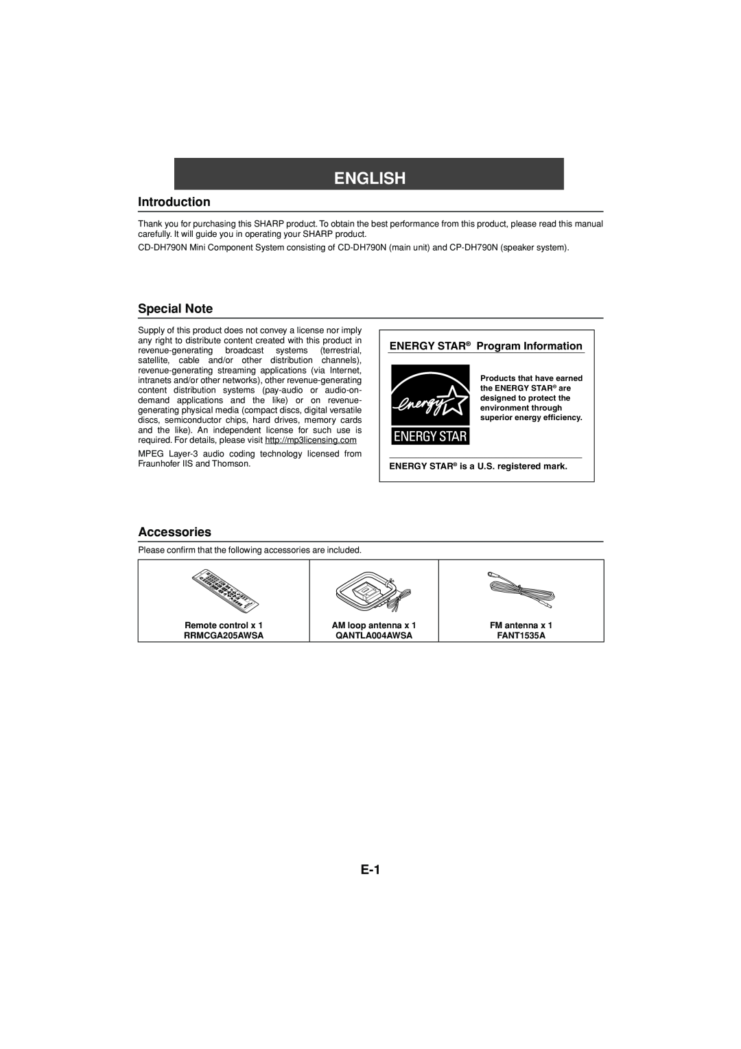 Sony CD-DH790N operation manual Introduction, Special Note, Accessories, English, ENERGY STAR is a U.S. registered mark 