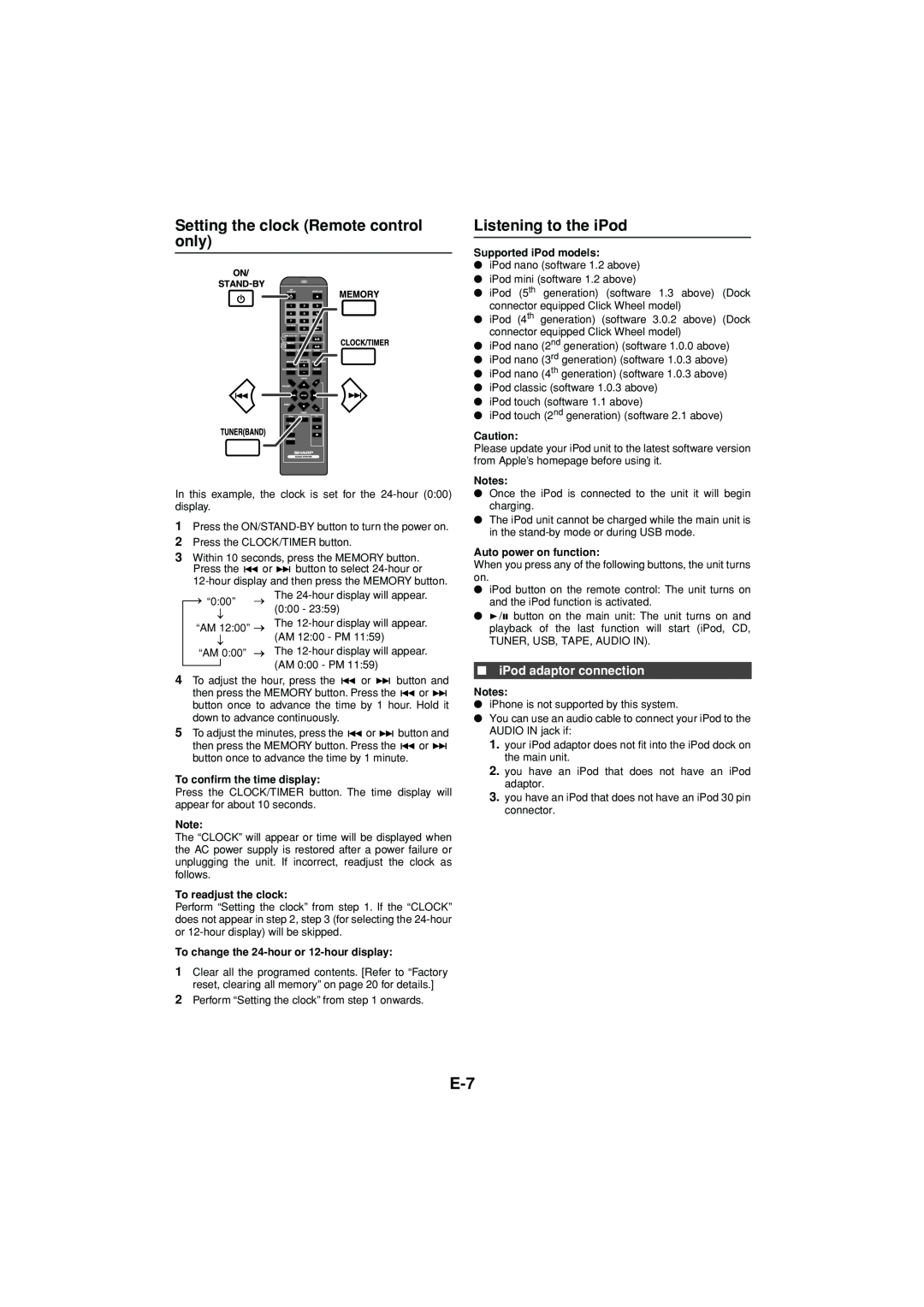 Sony CD-DH790N operation manual Setting the clock Remote control only, Listening to the iPod, iPod adaptor connection 