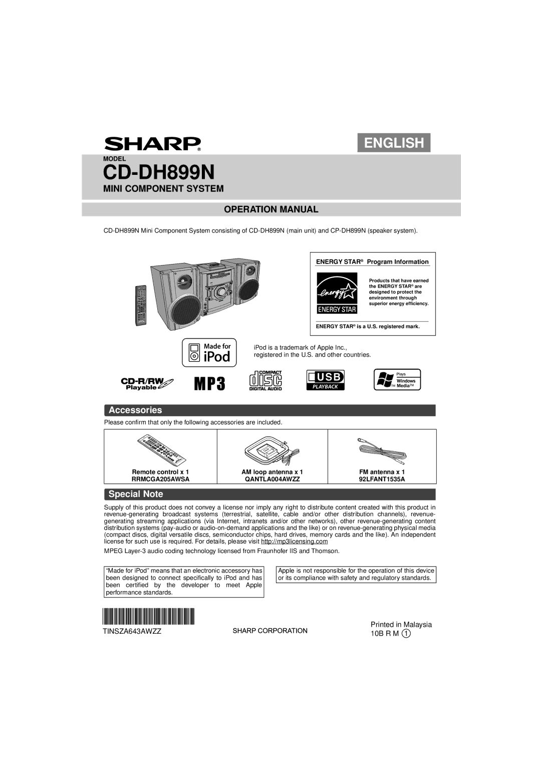 Sony CD-DH899N operation manual Accessories, Special Note, Energy Star Program Information, FM antenna x 1 92LFANT1535A 