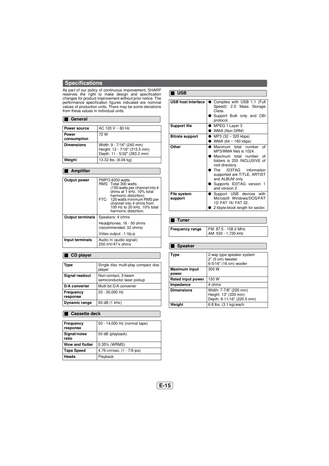 Sony CD-DH899N operation manual Specifications, Amplifier, Speaker 