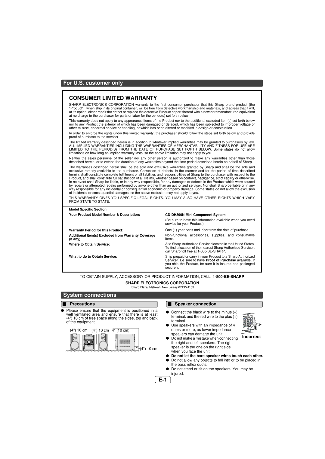 Sony CD-DH899N operation manual For U.S. customer only, System connections, Precautions, Speaker connection 