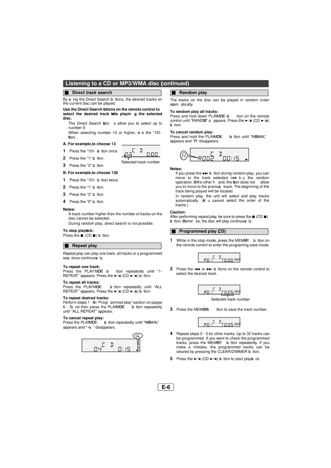 Sony CD-DH899N operation manual Direct track search, Repeat play, Random play, Programmed play CD 