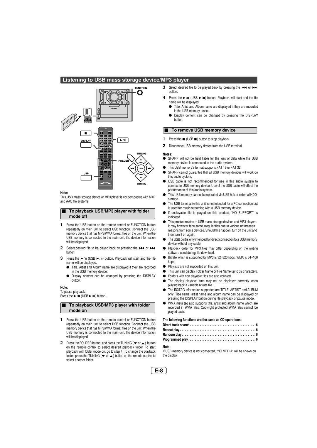 Sony CD-DH899N Listening to USB mass storage device/MP3 player, To playback USB/MP3 player with folder mode off 