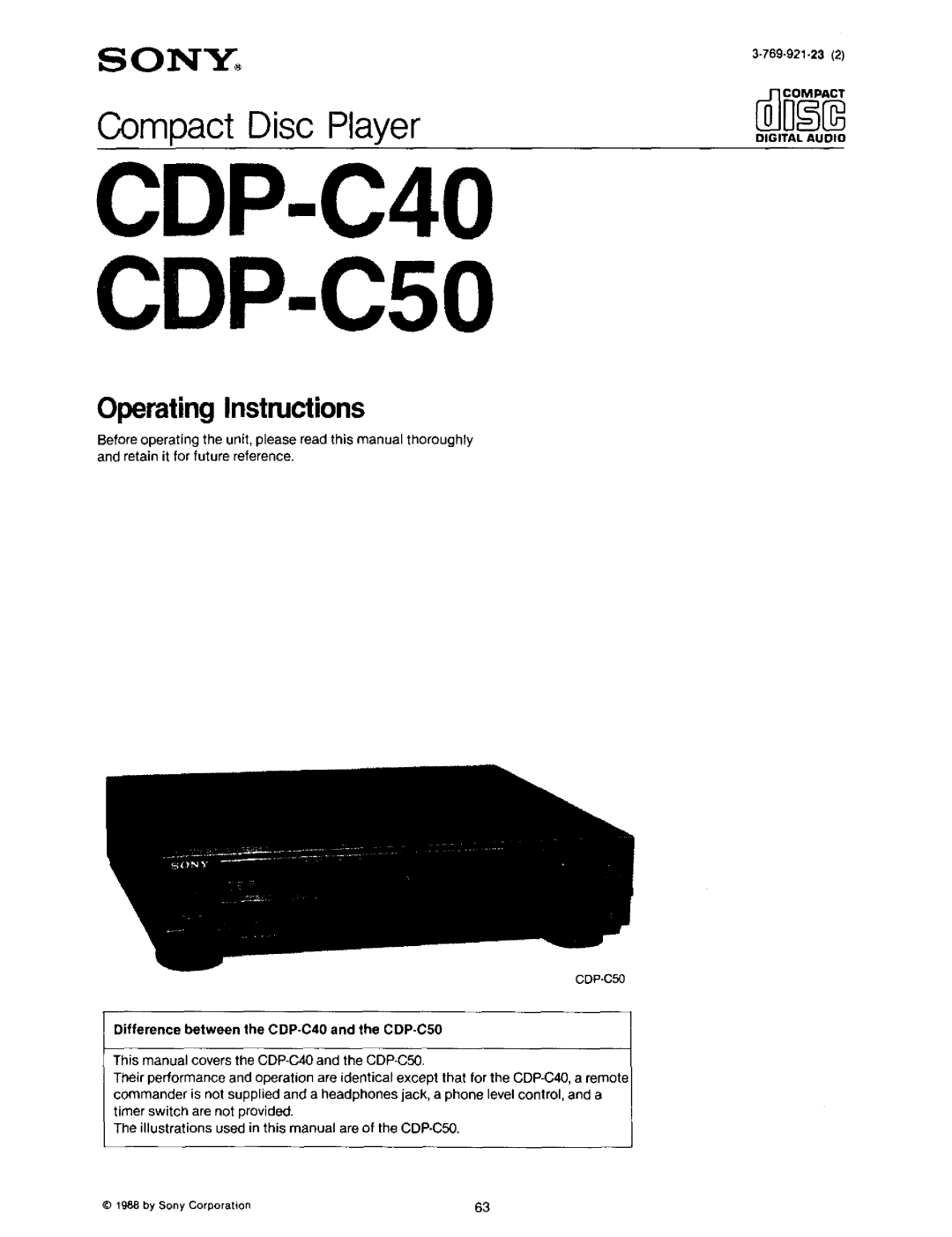 Sony CD-PC50 manual CDP-C40 CDP-C50, 769-921-23 