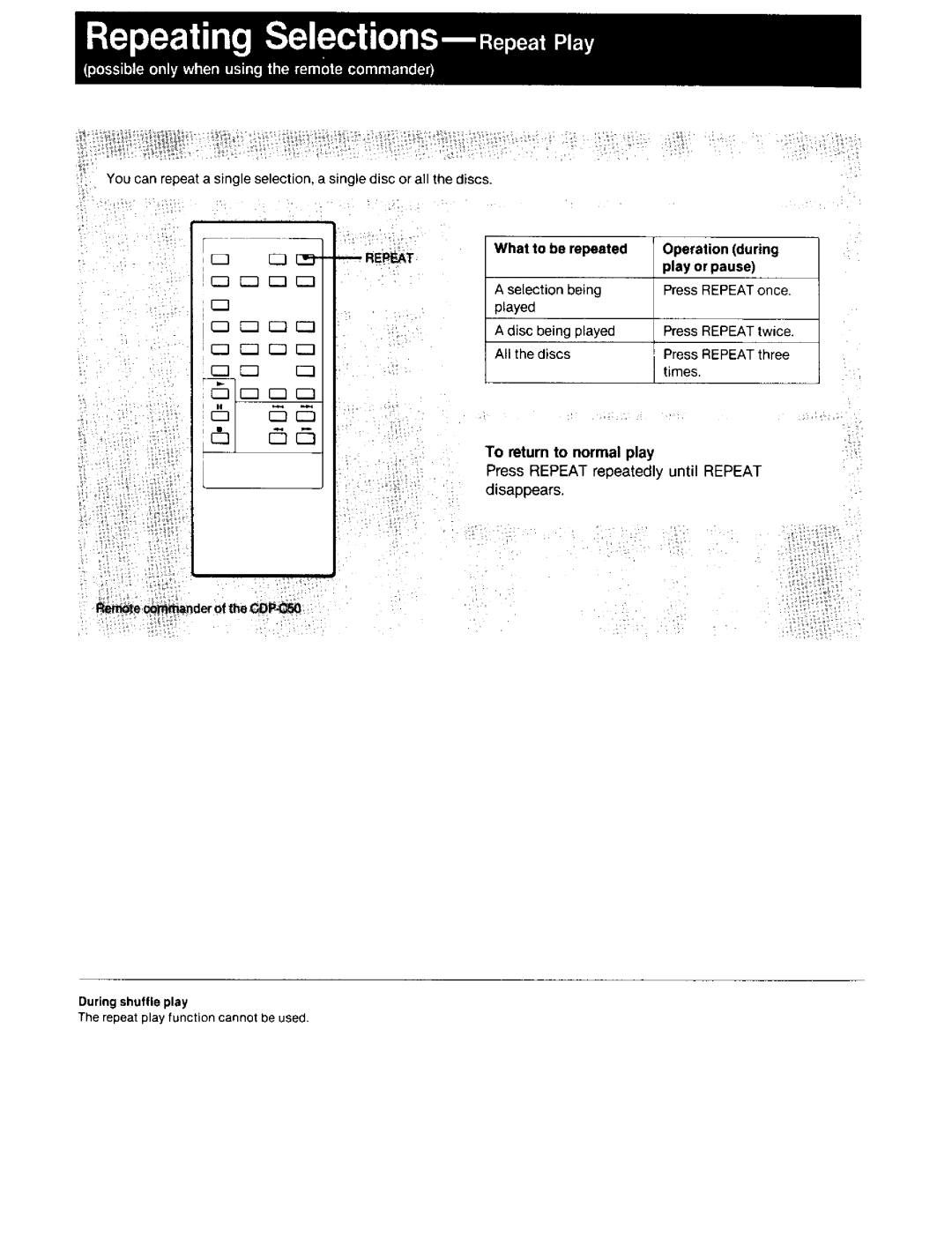 Sony CDP-C40, CD-PC50 manual To return to normal play, Press Repeat reoeatedly until Repeat disappears, Selection being 