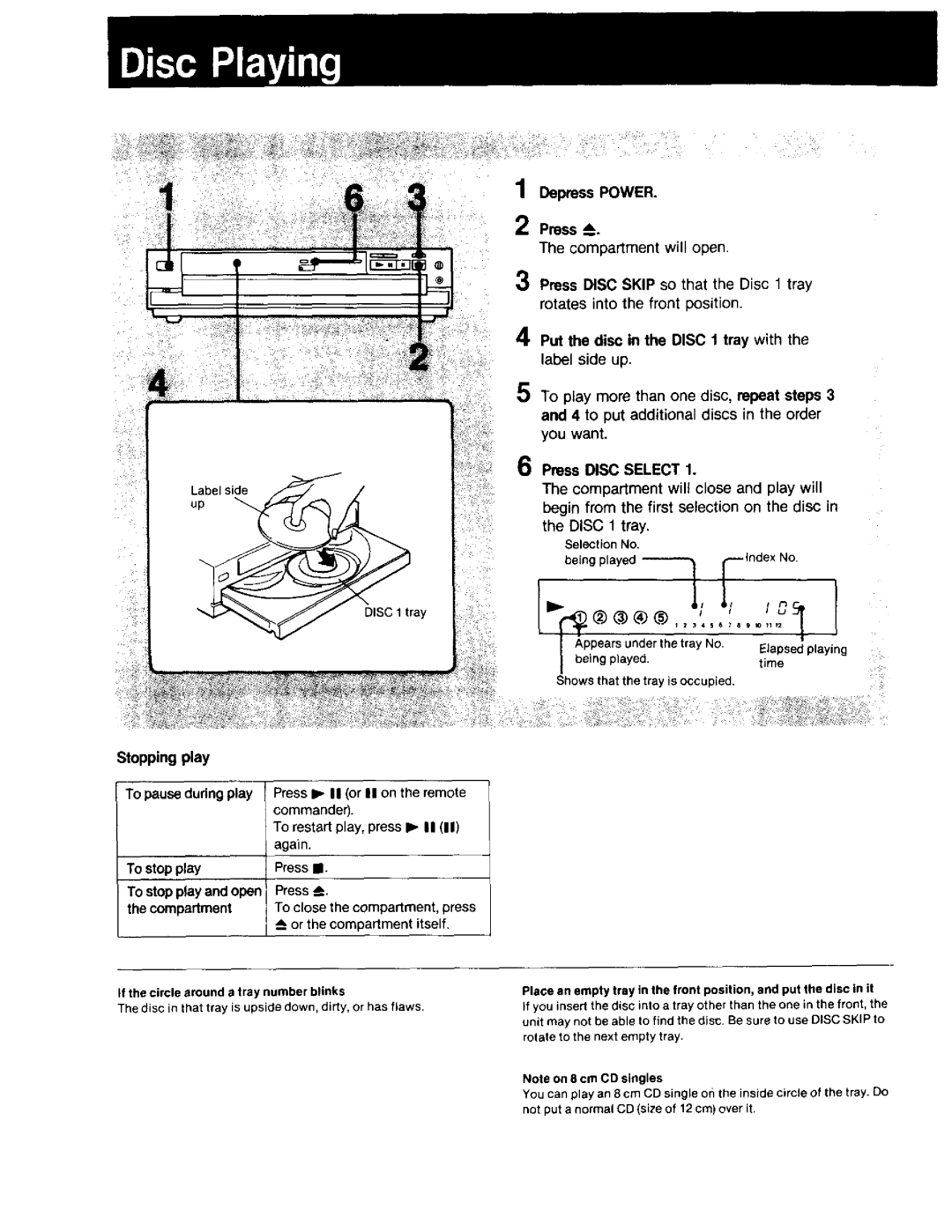 Sony CD-PC50, CDP-C40 manual Stopping play, Depress Power, Compartment will open, Press Disc Select, Disc 1 tray 