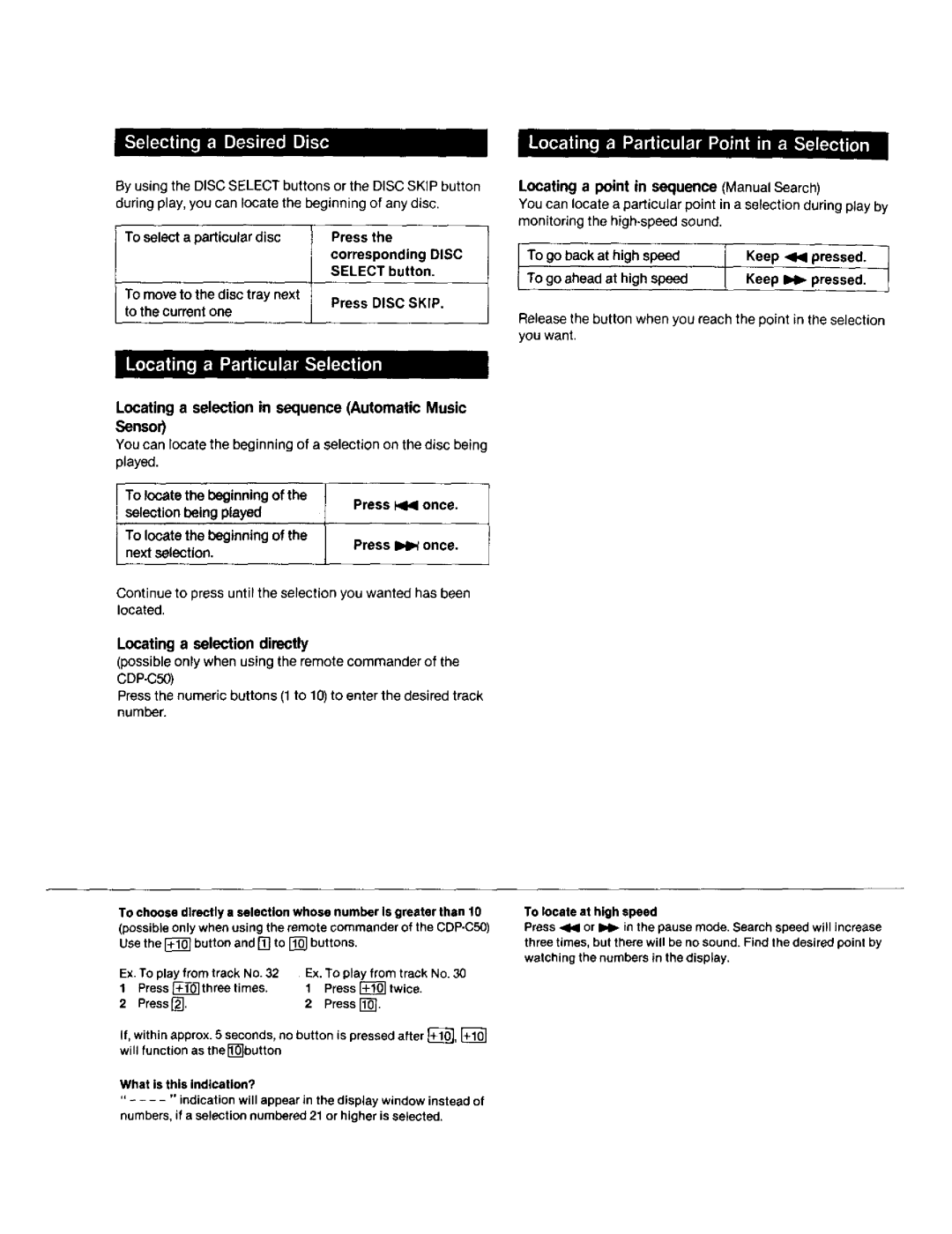 Sony CD-PC50, CDP-C40 manual Disc Press Corresponding Disc Select button, Locating a selection in sequence Automatic Music 