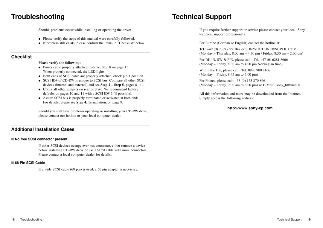 Sony CD-R/RW manual Troubleshooting, Technical Support, Checklist, Additional Installation Cases 