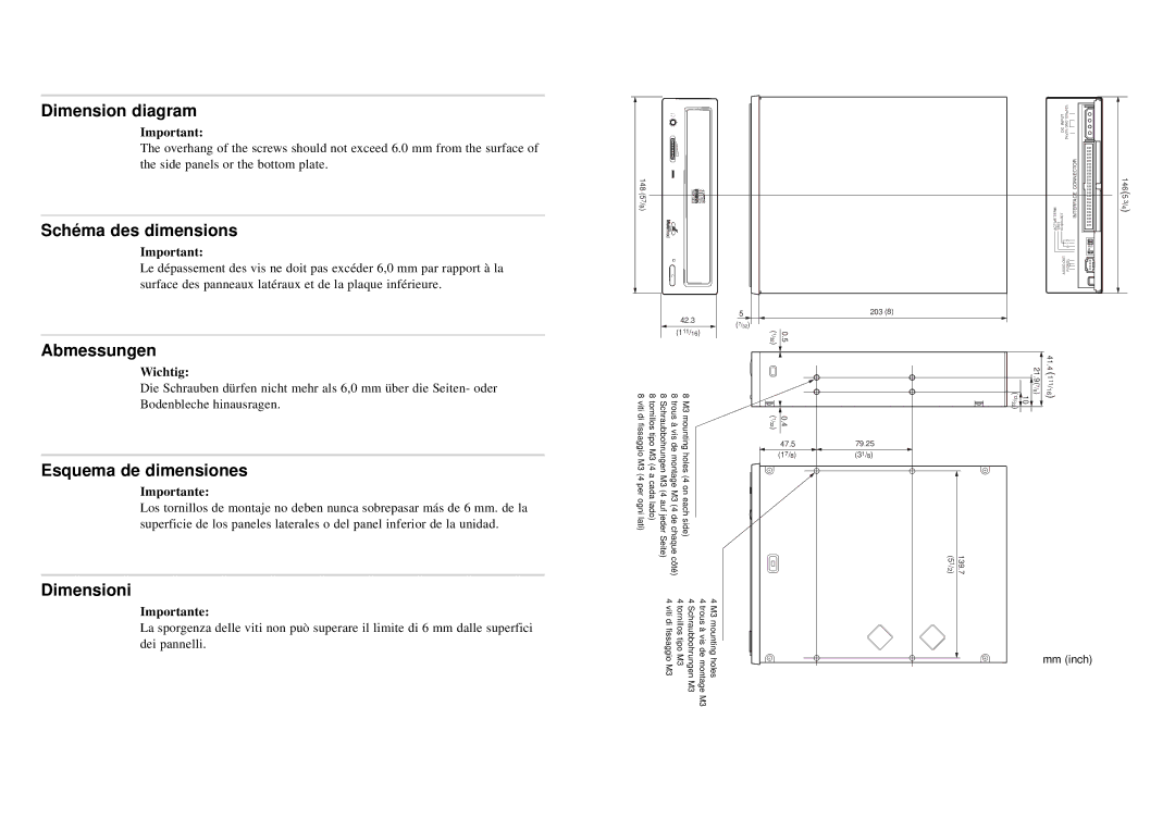 Sony CD-R/RW manual Dimension diagram, Schéma des dimensions, Abmessungen, Esquema de dimensiones, Dimensioni 