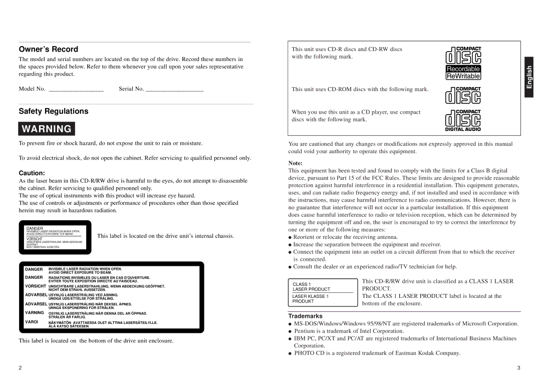 Sony CD-R/RW manual Owner’s Record, Safety Regulations, Trademarks 