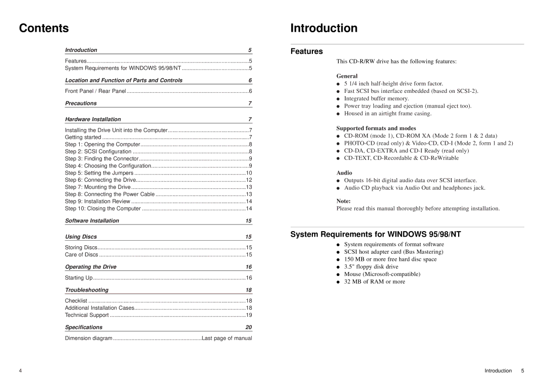 Sony CD-R/RW manual Contents, Introduction 