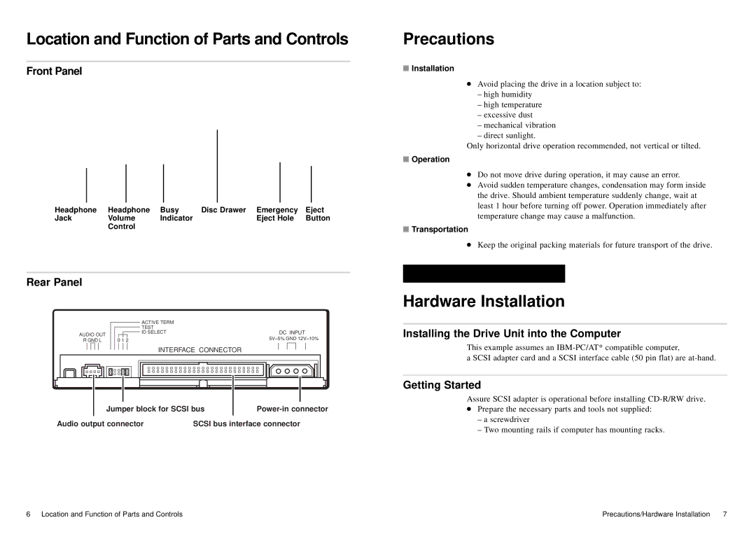 Sony CD-R/RW manual Location and Function of Parts and Controls, Hardware Installation 