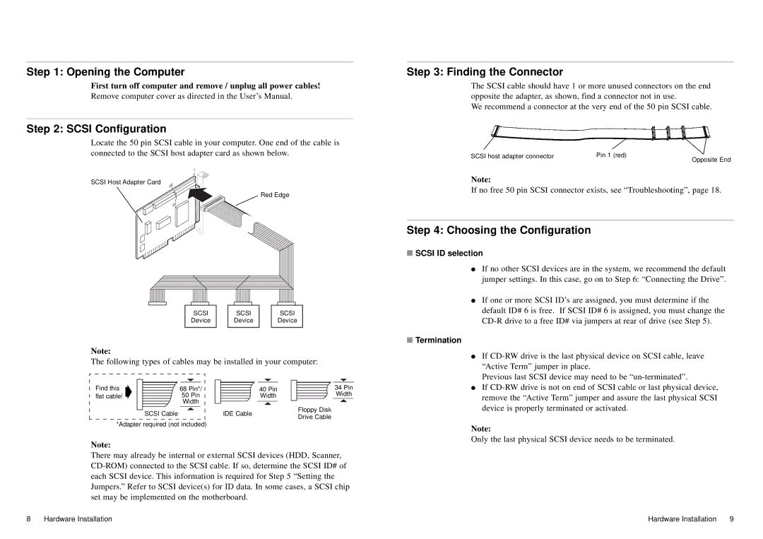 Sony CD-R/RW manual Opening the Computer, Scsi Configuration, Finding the Connector, Choosing the Configuration 