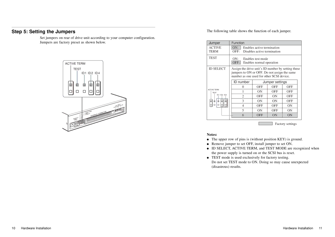 Sony CD-R/RW manual Setting the Jumpers, Following table shows the function of each jumper 