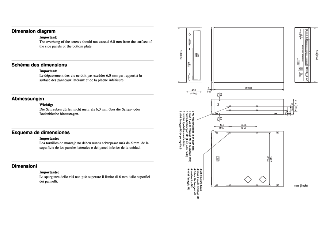 Sony CD-R/RW manual Dimension diagram, Schéma des dimensions, Abmessungen, Esquema de dimensiones, Dimensioni 