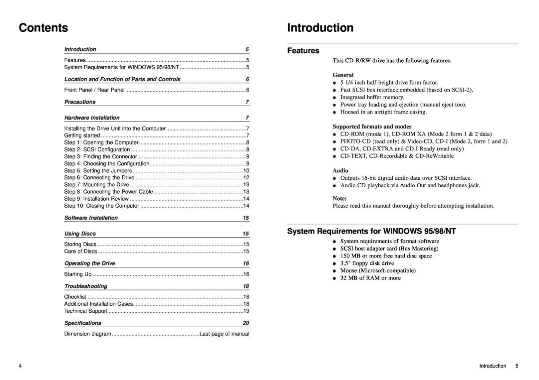 Sony CD-R/RW manual Contents, Introduction, Features, System Requirements for WINDOWS 95/98/NT 