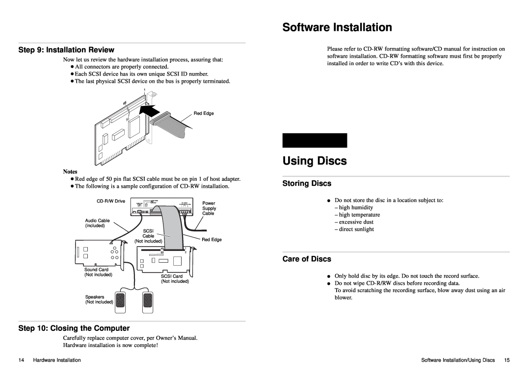 Sony CD-R/RW Software Installation, Using Discs, Installation Review, Closing the Computer, Storing Discs, Care of Discs 