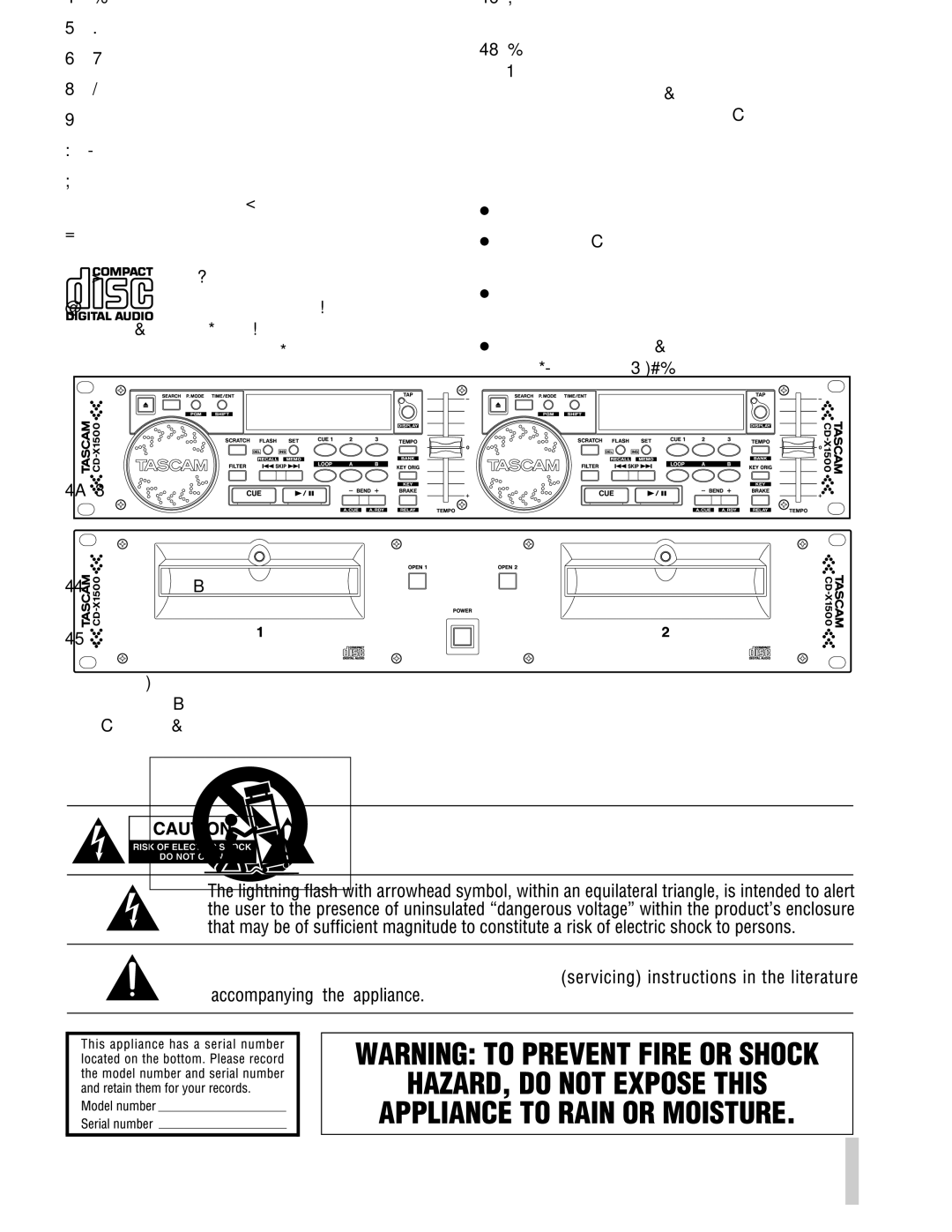 Sony CD-X1500 owner manual … Do not expose this apparatus to drips or splashes 