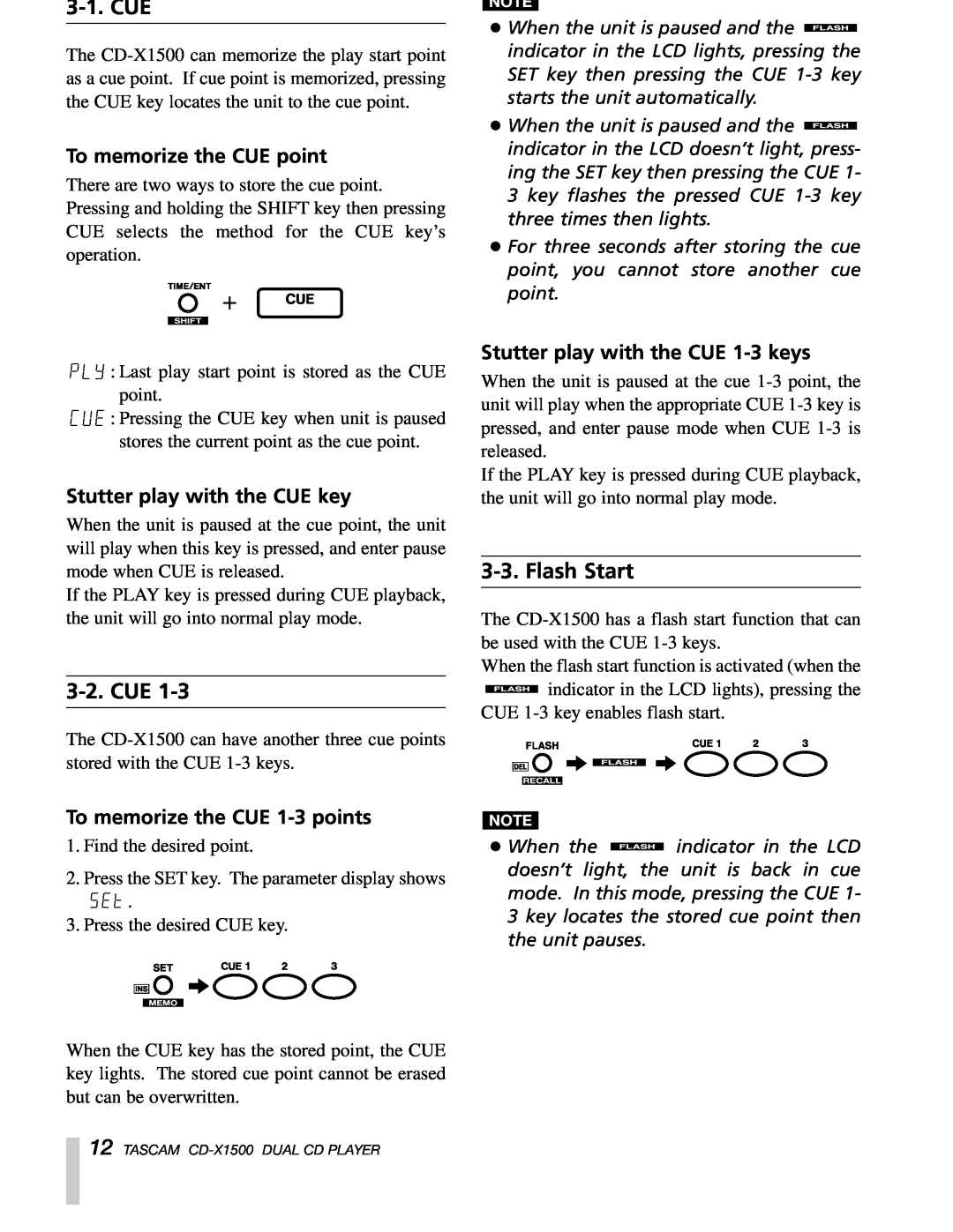 Sony CD-X1500 owner manual 3-1.CUE, 3-2.CUE, Flash Start, To memorize the CUE point, Stutter play with the CUE key 