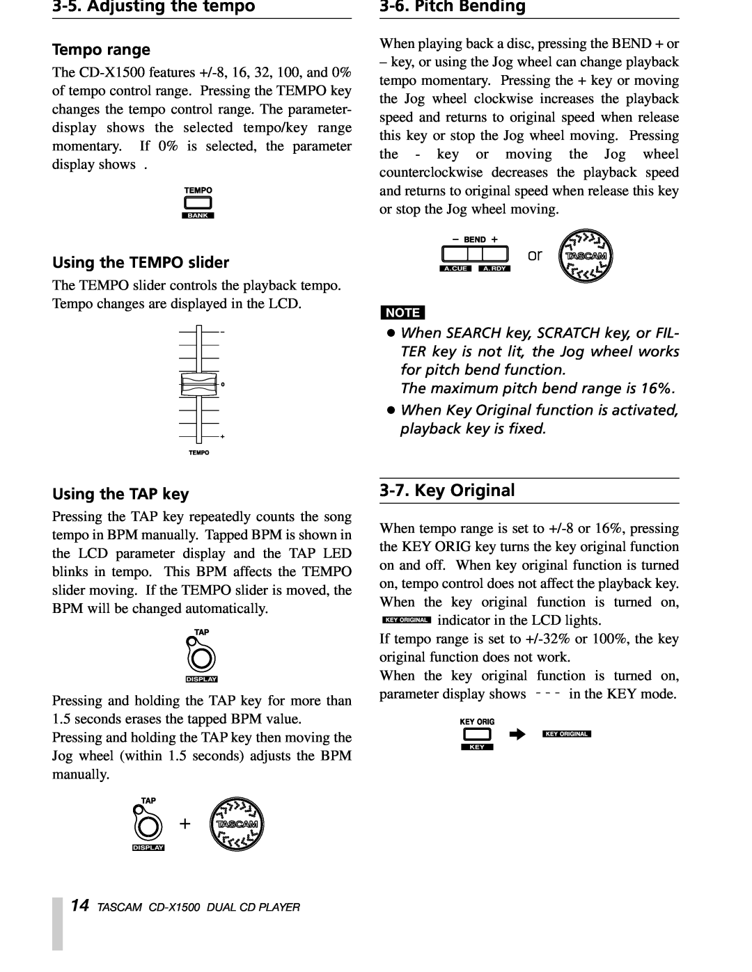 Sony CD-X1500 Adjusting the tempo, Pitch Bending, Key Original, Tempo range, Using the TEMPO slider, Using the TAP key 