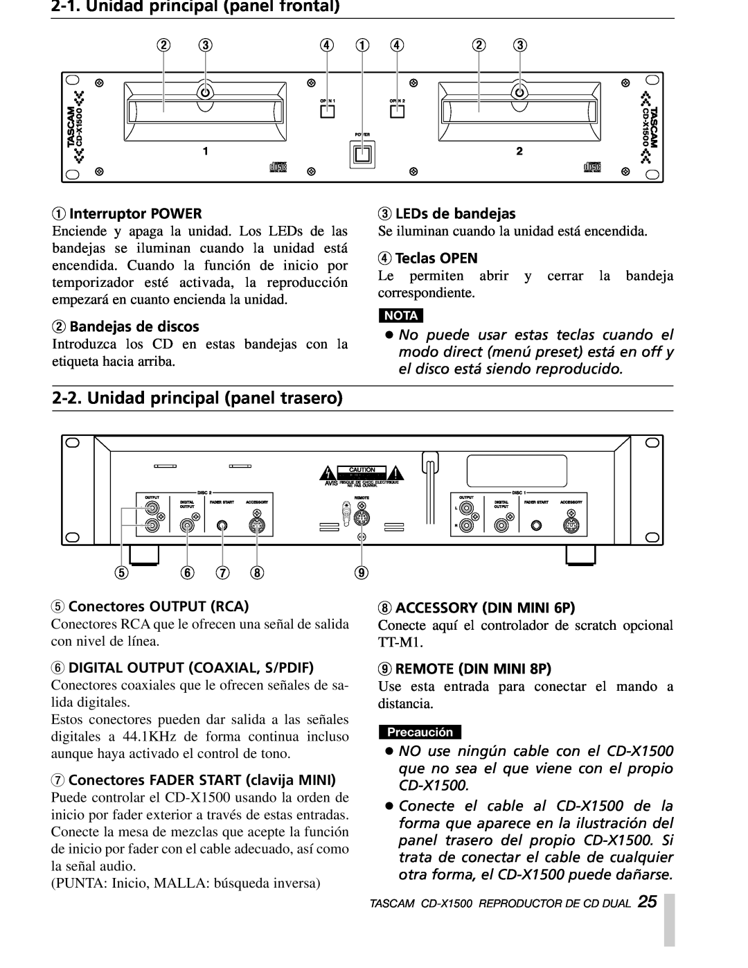 Sony CD-X1500 Unidad principal panel frontal, Unidad principal panel trasero, 1Interruptor POWER, 2Bandejas de discos 