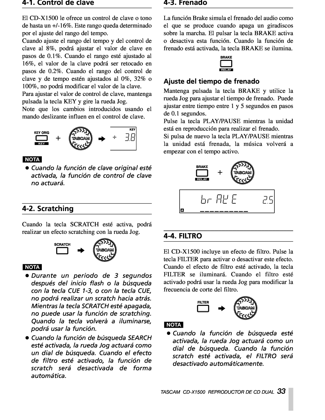 Sony CD-X1500 owner manual Control de clave, Frenado, Filtro, Ajuste del tiempo de frenado, Scratching 