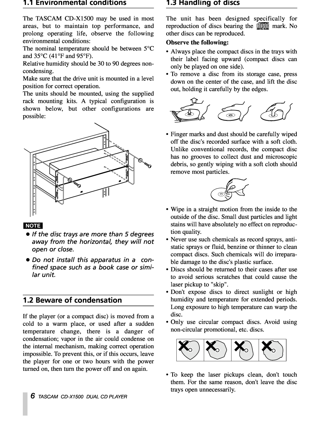 Sony CD-X1500 owner manual Environmental conditions, Beware of condensation, Handling of discs, Observe the following 