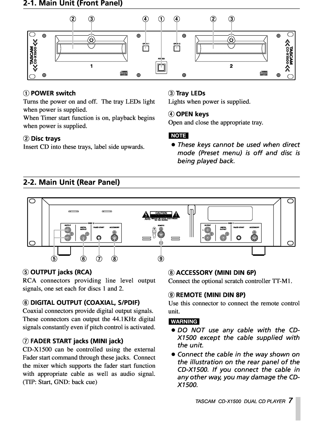Sony CD-X1500 owner manual Main Unit Front Panel, Main Unit Rear Panel, 1POWER switch, 2Disc trays, 3Tray LEDs, 4OPEN keys 