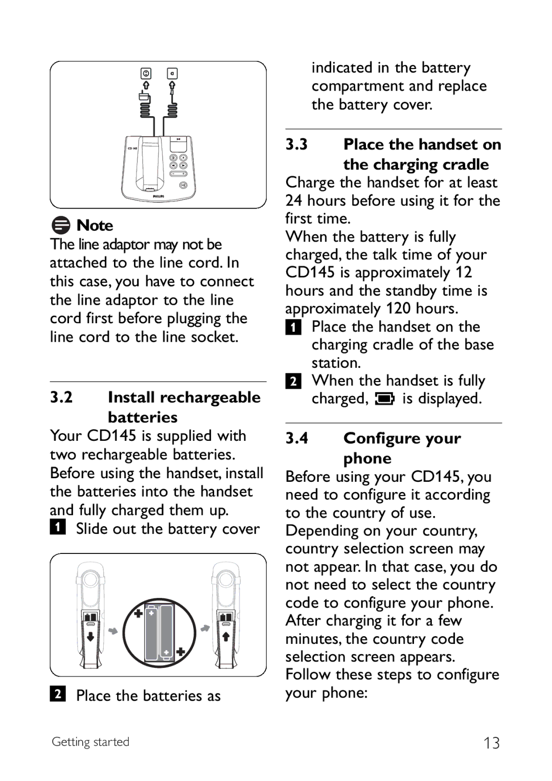 Sony CD145 manual Install rechargeable Batteries, Slide out the battery cover Place the batteries as, Configure your Phone 