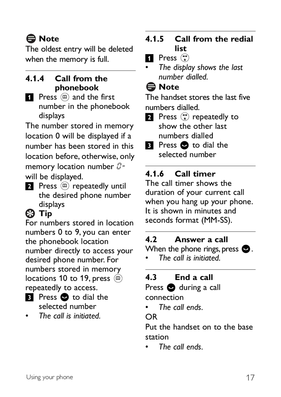 Sony CD145 manual Call from the phonebook, Call from the redial list, Display shows the last number dialled, End a call 