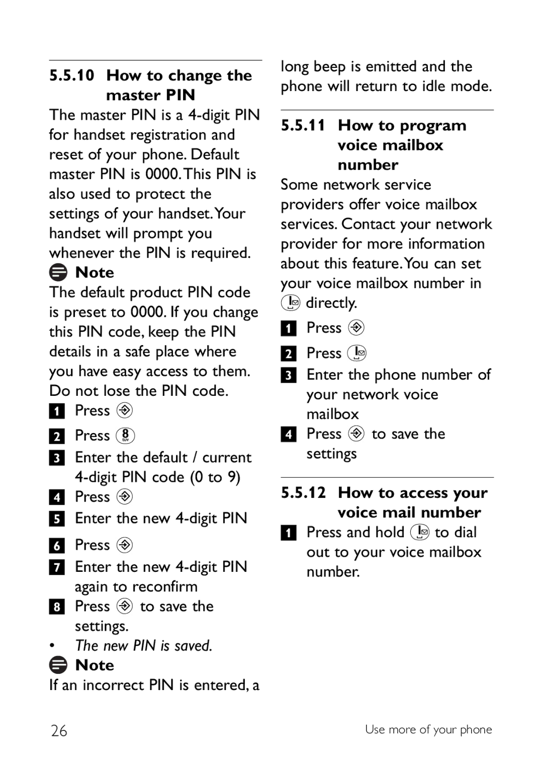 Sony CD145 manual How to change the master PIN, New PIN is saved, How to program voice mailbox number 