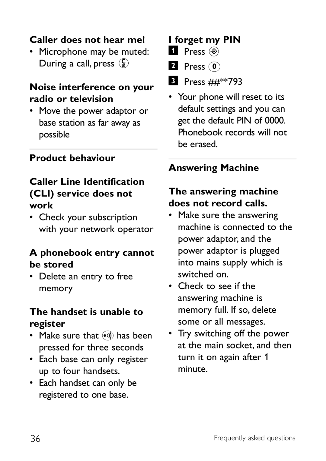 Sony CD145 manual Caller does not hear me, Noise interference on your radio or television, Phonebook entry cannot be stored 