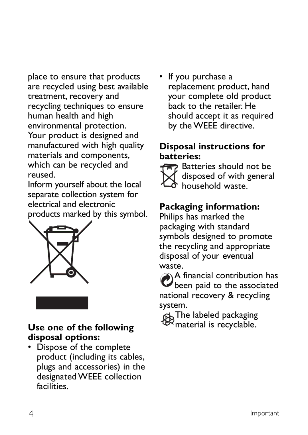 Sony CD145 manual Use one of the following disposal options, Disposal instructions for batteries 