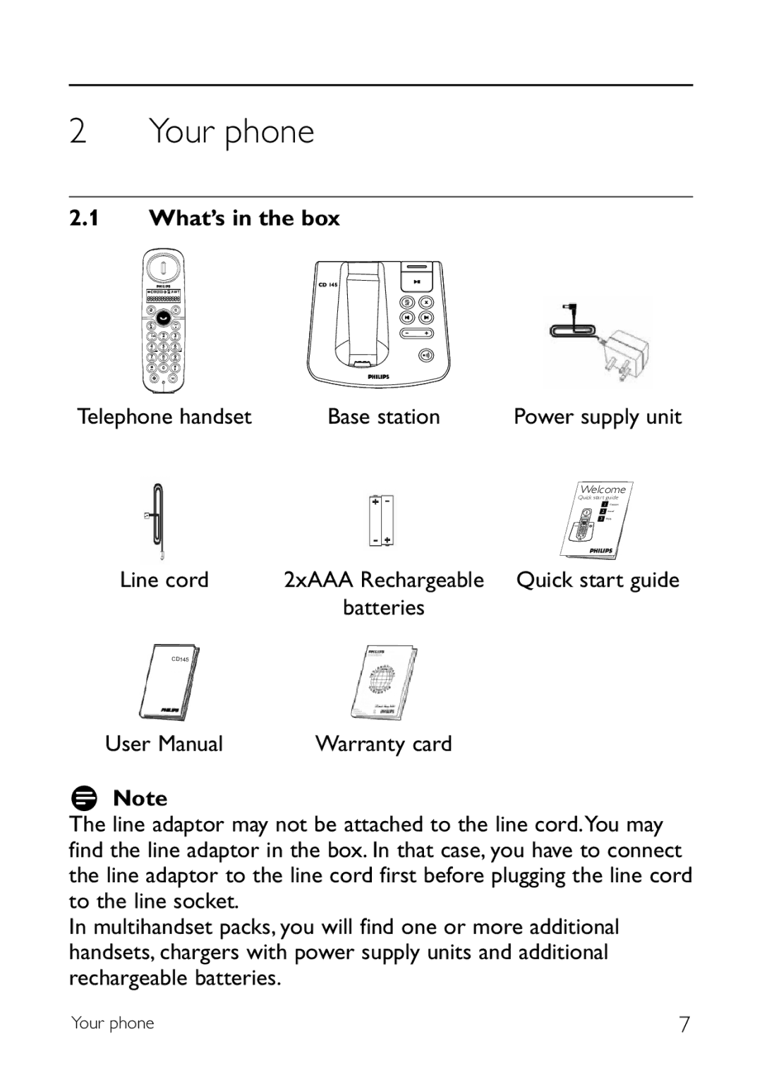 Sony CD145 manual What’s in the box, Telephone handset Base station, Line cord, Batteries 