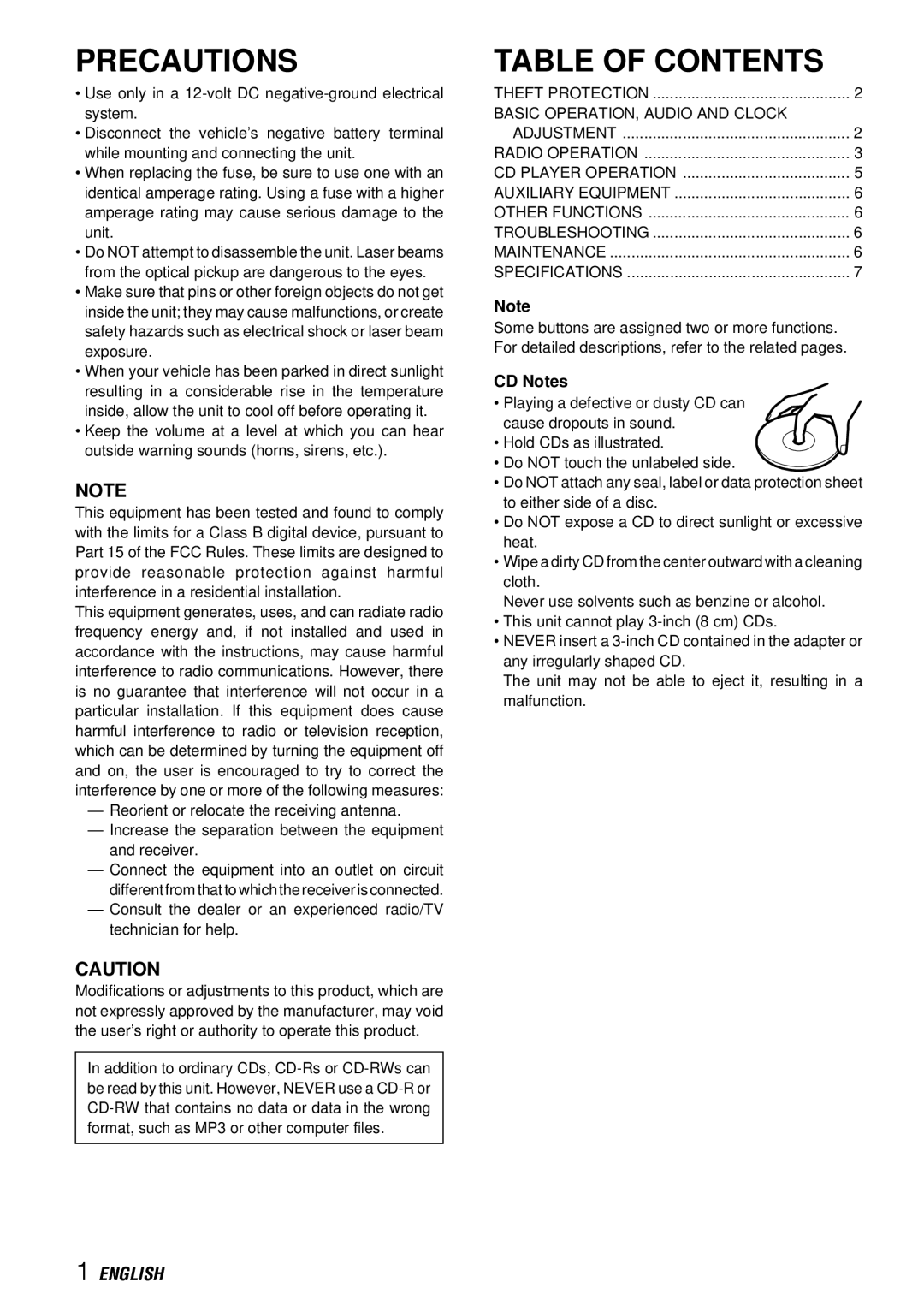 Sony CDC-X217 manual Precautions, Table of Contents 