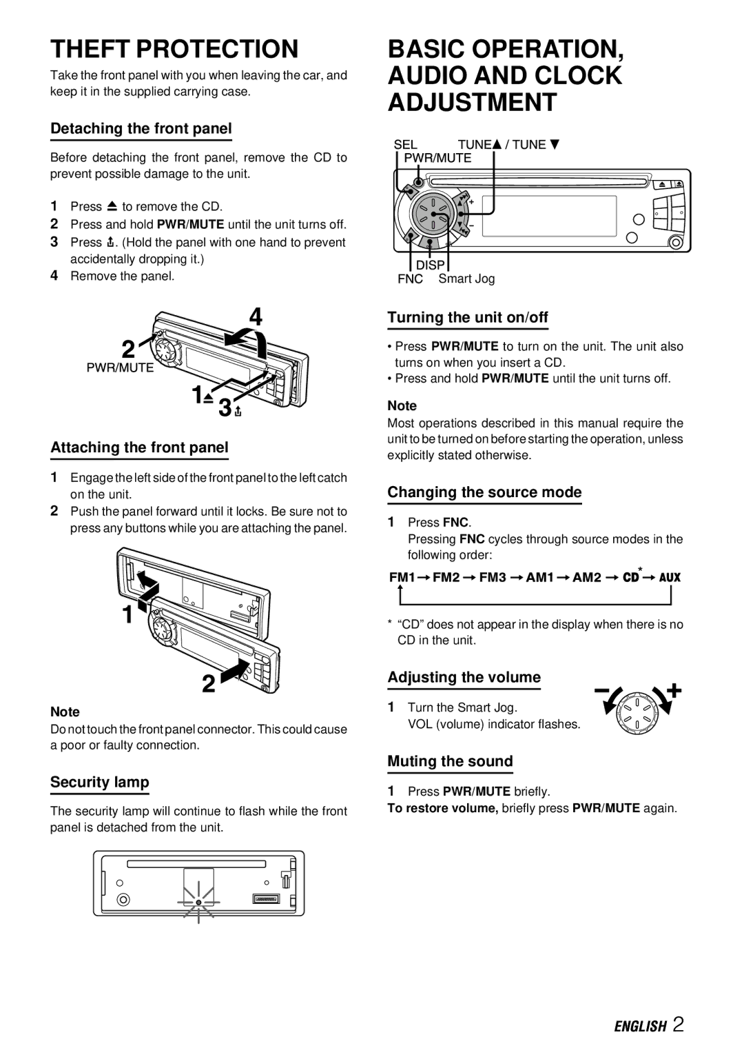 Sony CDC-X217 manual Theft Protection, Basic OPERATION, Audio and Clock Adjustment 