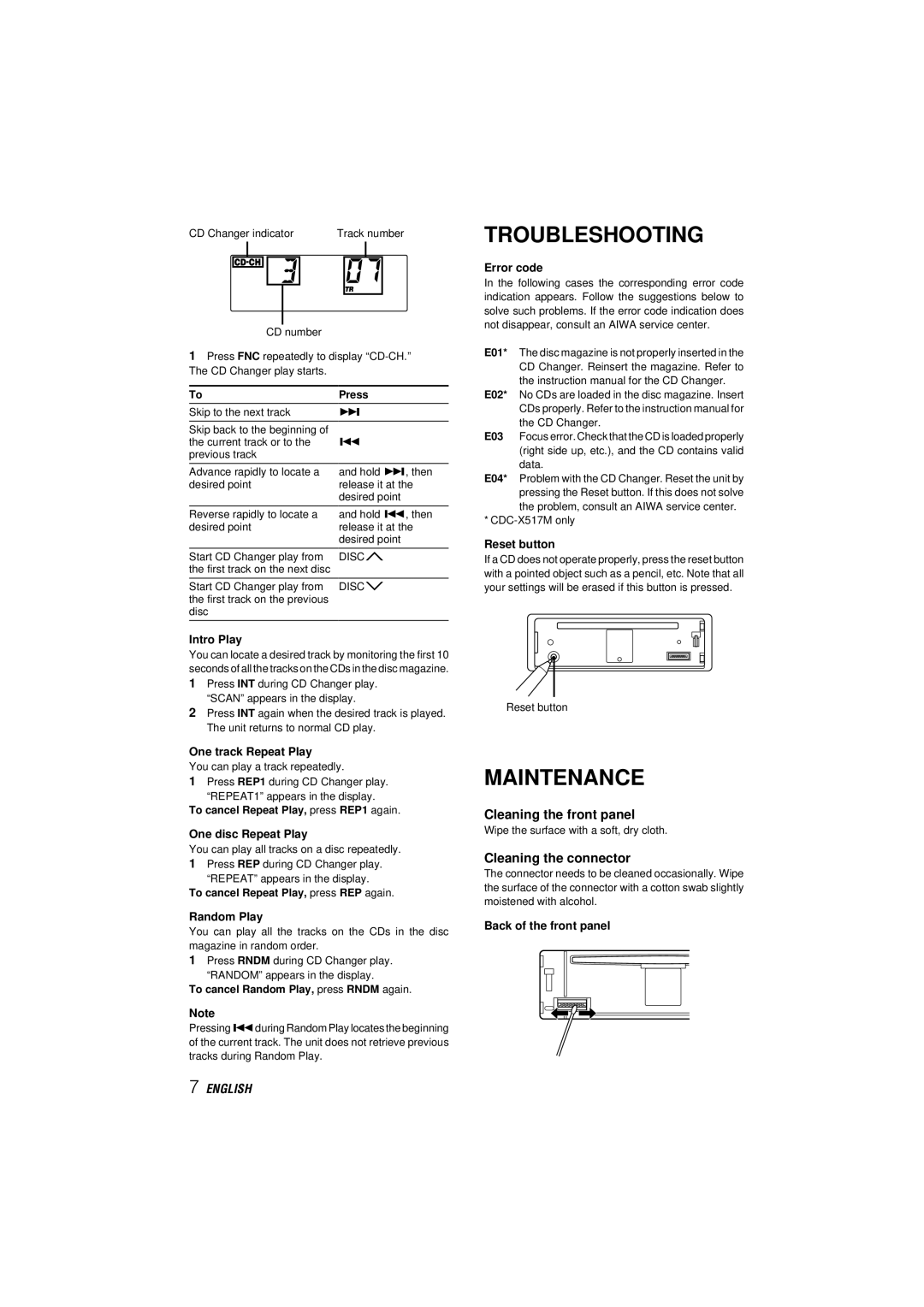 Sony CDC-X417, CDC-X317, CDC-X517M Troubleshooting, Maintenance, Cleaning the front panel, Cleaning the connector 