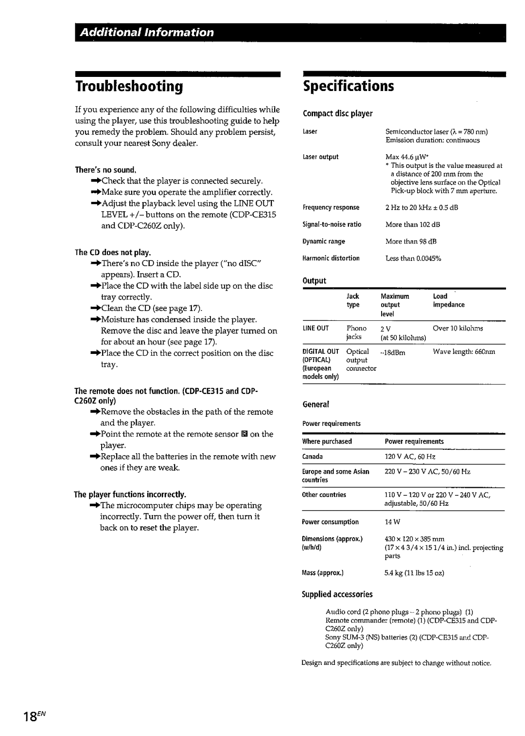 Sony CDP-C260Z, CDP-CE215, CDP-CE315 manual 