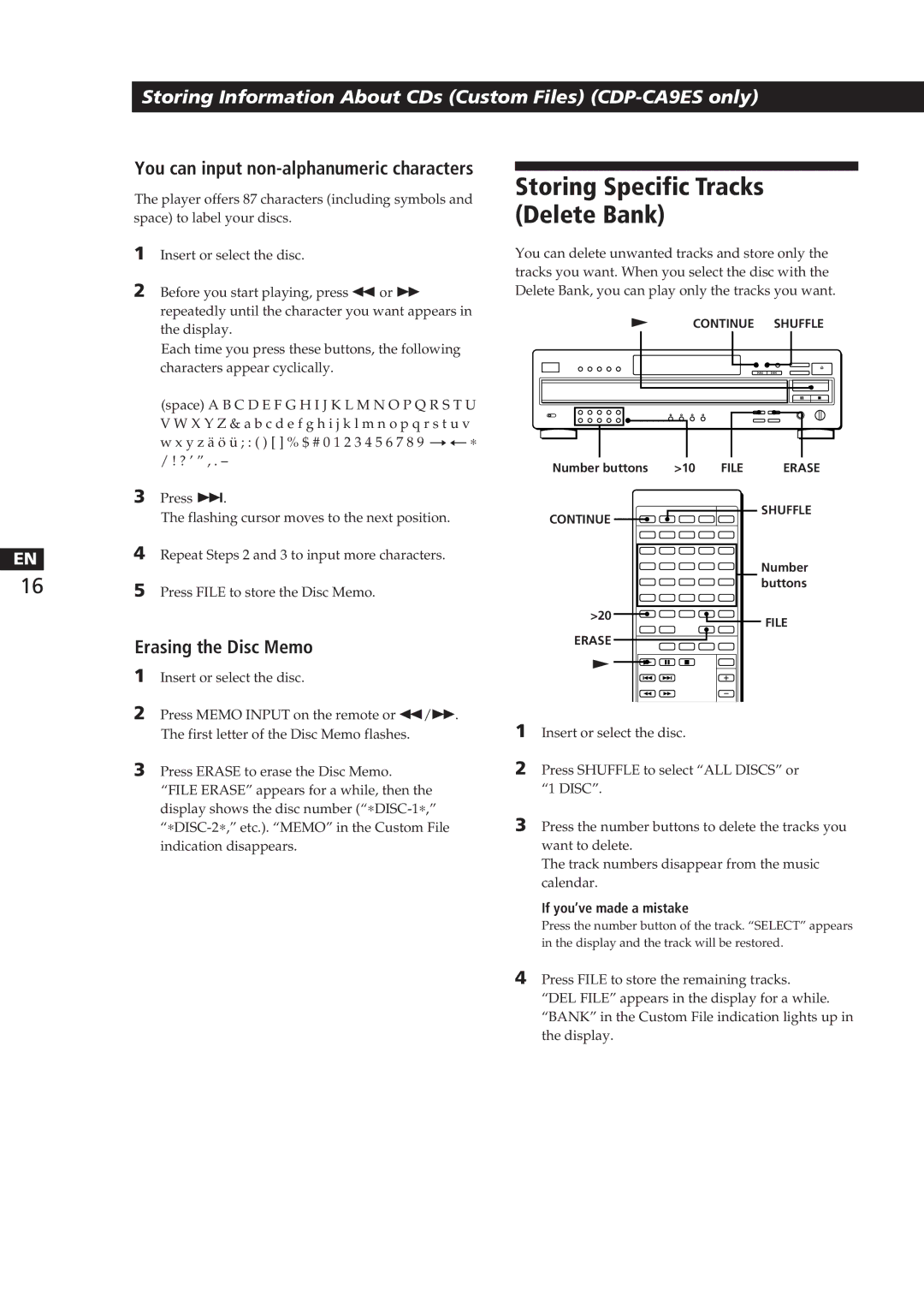 Sony CDP-CA8ES manual Storing Specific Tracks Delete Bank, Erasing the Disc Memo 