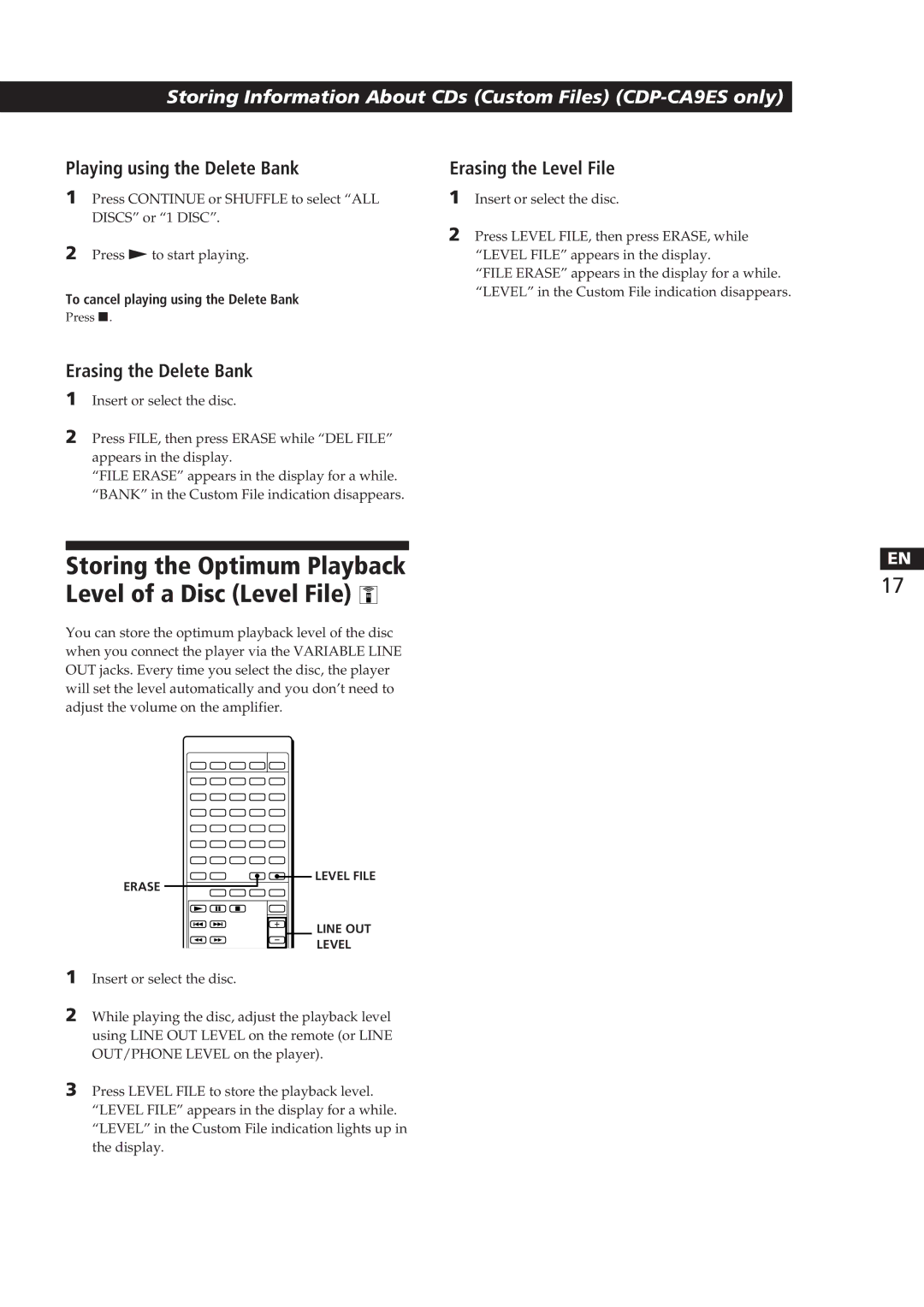 Sony CDP-CA8ES manual Storing the Optimum Playback Level of a Disc Level File, Playing using the Delete Bank 