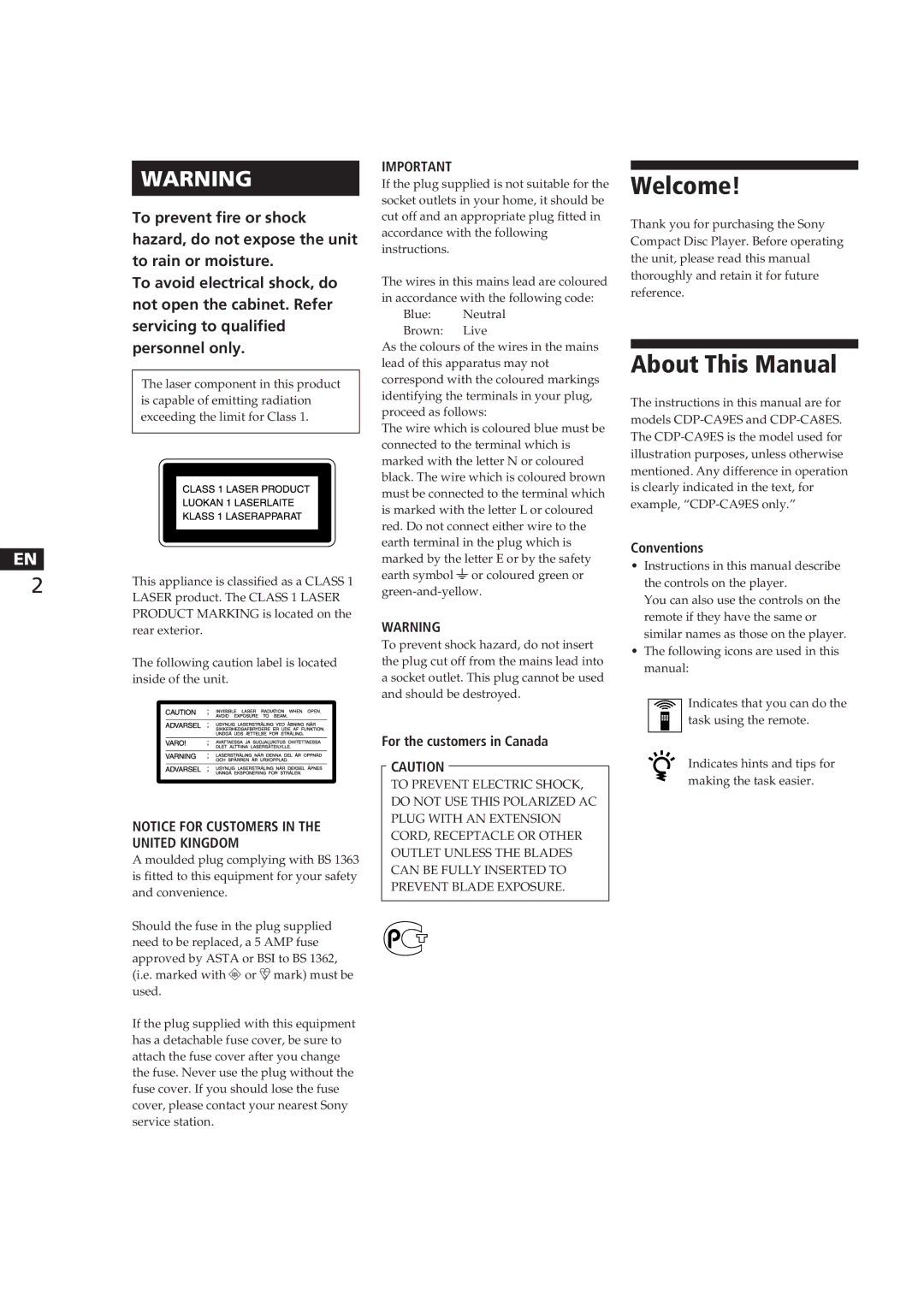 Sony CDP-CA8ES manual Welcome, About This Manual, For the customers in Canada, Conventions 