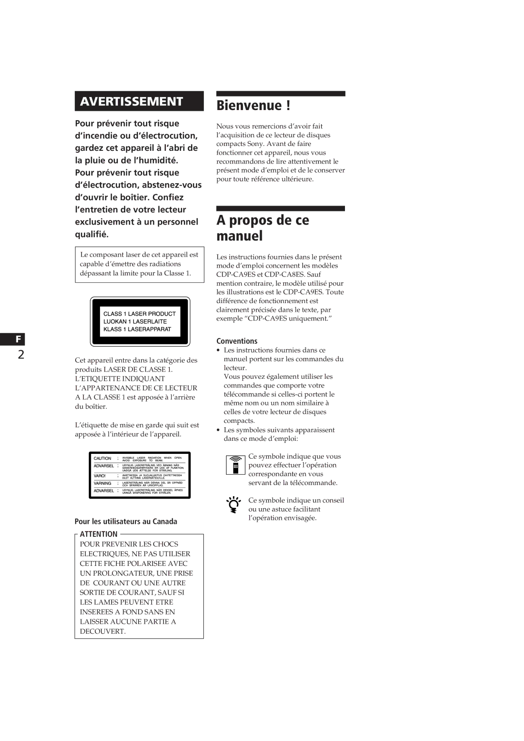 Sony CDP-CA8ES manual Bienvenue, Propos de ce manuel, Pour les utilisateurs au Canada 