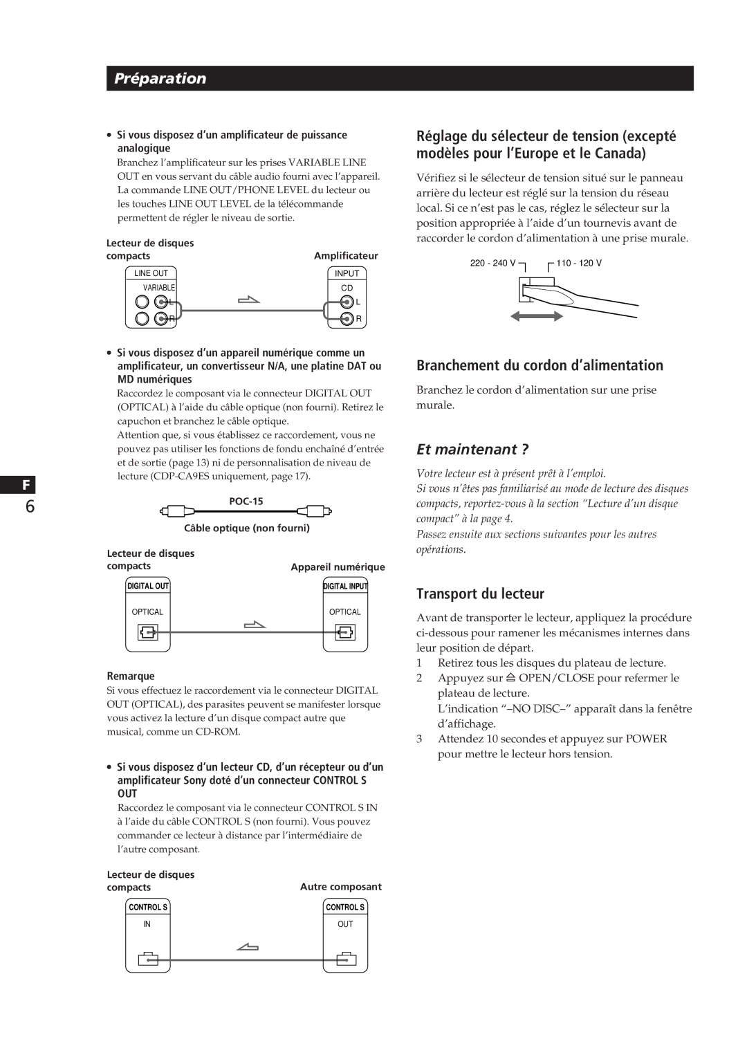 Sony CDP-CA8ES manual Branchement du cordon d’alimentation, Transport du lecteur, Remarque, Câble optique non fourni 